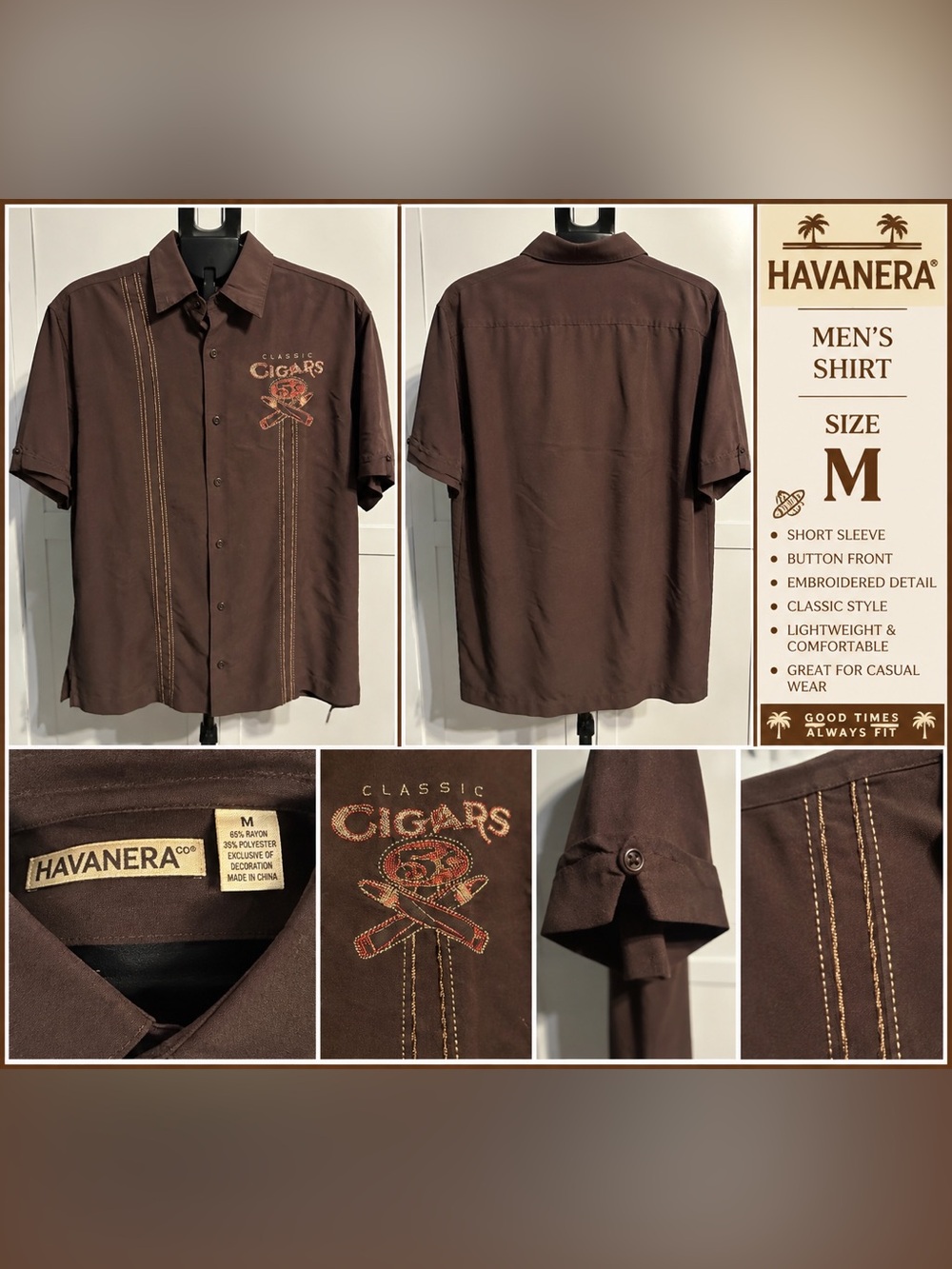 Havanera Co Brown Classic Cigars Embroidered Guayabera Shirt M